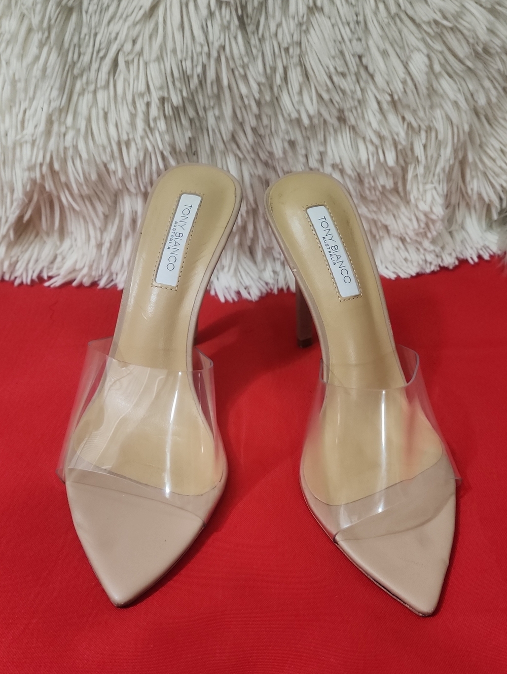 Tony Bianco Marley Clear Vinylite/skin  Strap Pointed Toe Mules Heels Beige